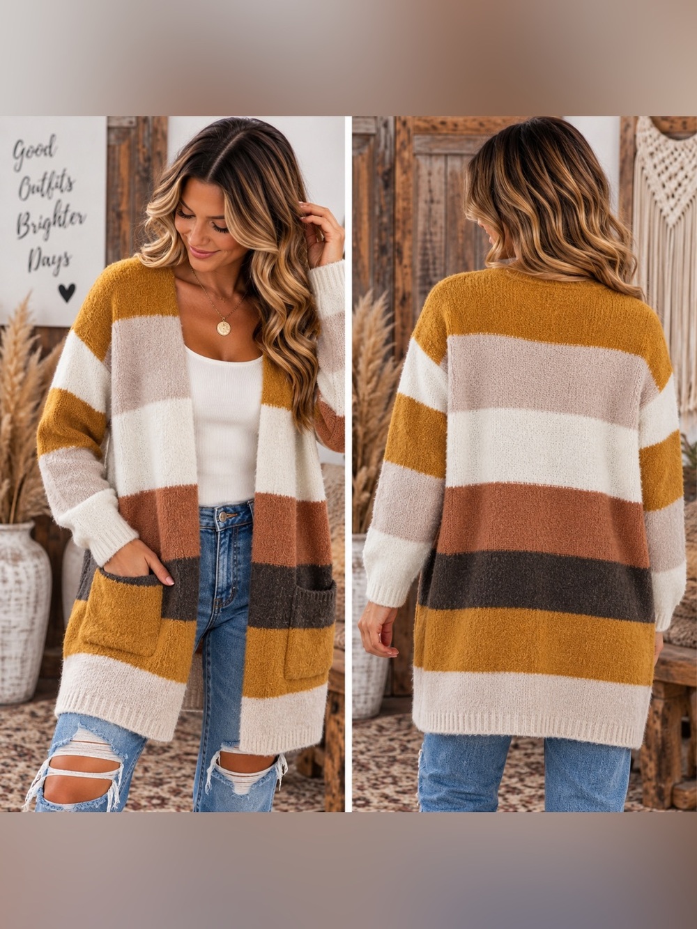 Knox Rose Mustard Multi-Stripe Open Front Cardigan